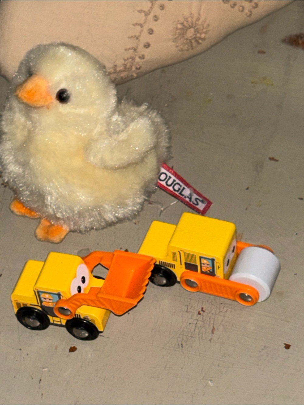 Douglas Yellow Plush Chick with jadore Yellow & Orange Toy Trucks
